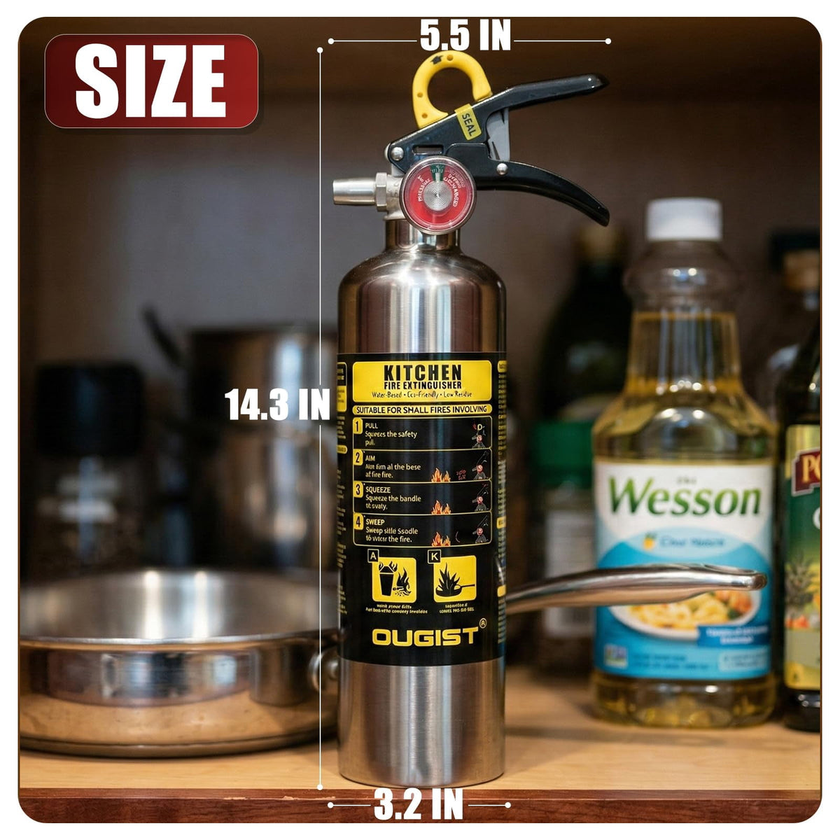 Ougist class K fire extinguisher, 40 fl oz Wet Chemical, Quick-Pull Handle, kitchen fire extinguisher for Grease Fires, built for daily peace of mind