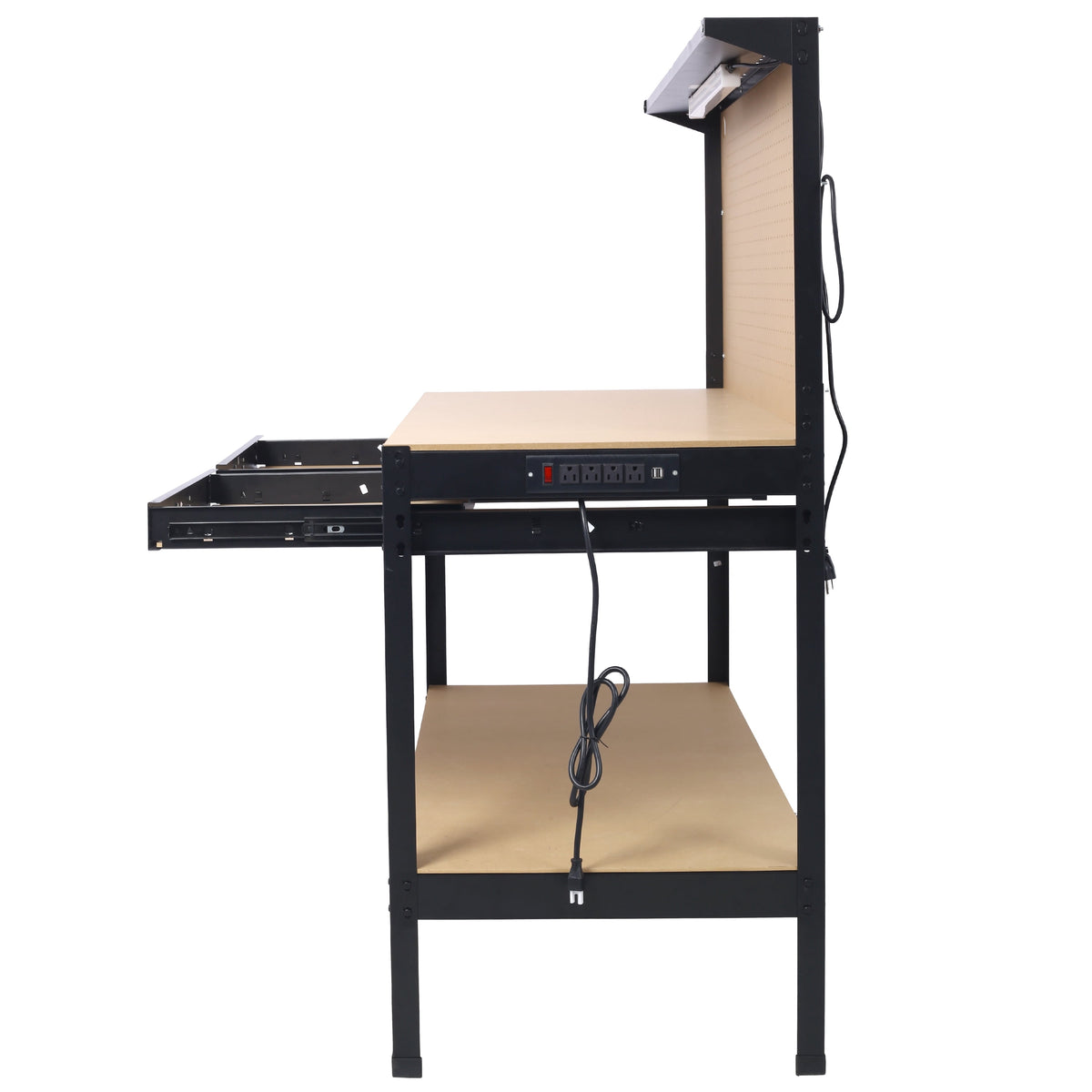 DUOSONG Steel Workbench Tool Storage Work Bench Workshop Tools Table W/Drawer And Peg Board ,4Xac Outlets 2Xusb Ports Black Steel Other