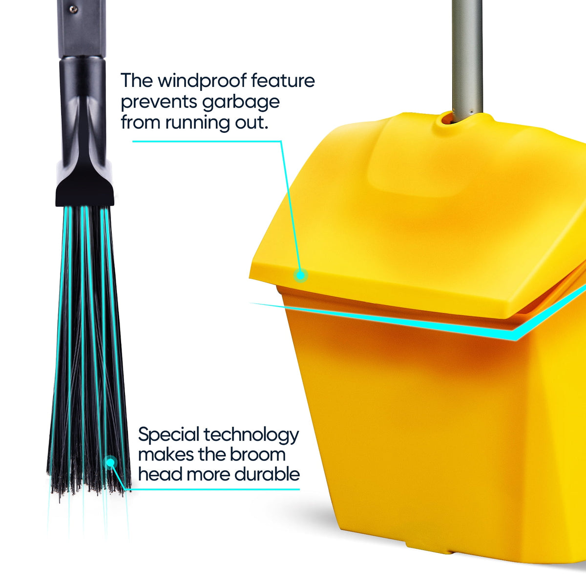 Yocada Heavy Duty Broom and Dustpan 2+1 Set 54" Iron Pole for Household Commercial Yellow&Black