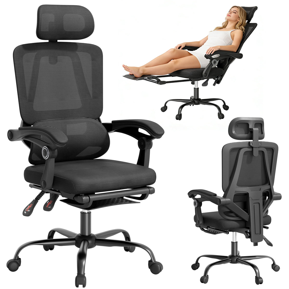 Mr IRONSTONE Ergonomic Office Chair with Footrest, High Back Mesh Computer Chair with Floating Lumbar Support and 2D Headrest, 135 Degree Reclining Desk Chair, Black