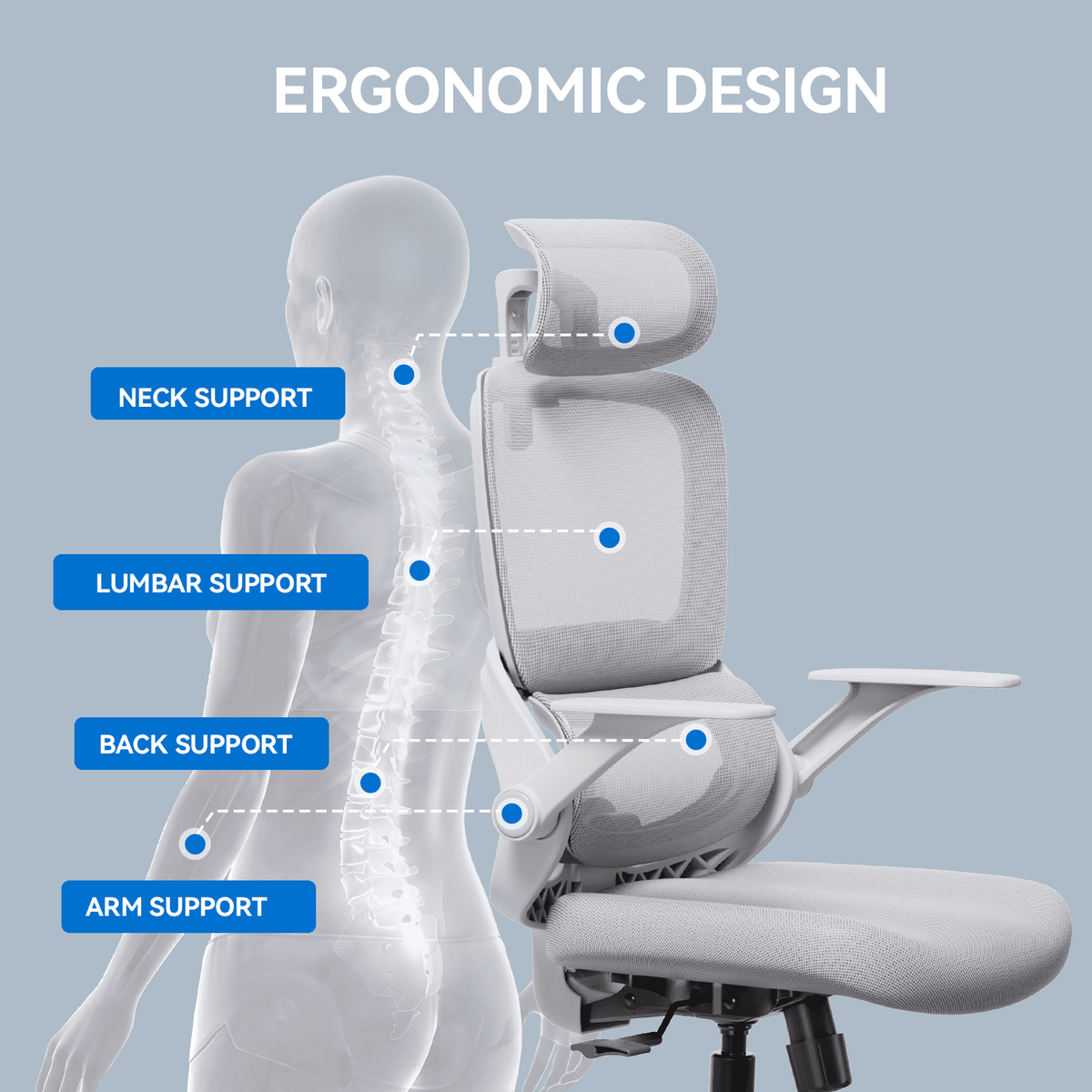 SIHOO B100 Se Office Chair, Deak Chairs with Cotton Seat & Dual-Back, 2D Headrest & Flip-up Armrest, Comfort Mesh Ergonomic Chair for Home Office, Teen, 300lbs, Light Gray