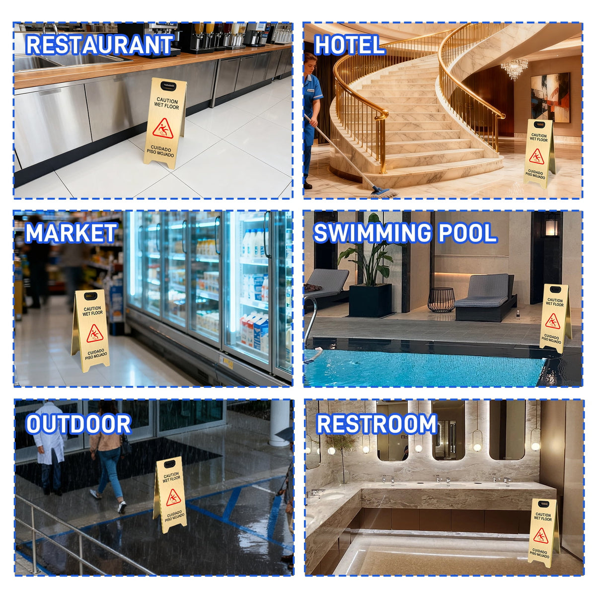 2 Pack Stainless Steel Wet Floor Sign, 24 Inch Caution Sign Portable Foldable Bilingual Safety Warning for Hotel Market Restroom Restaurant Office (Gold)