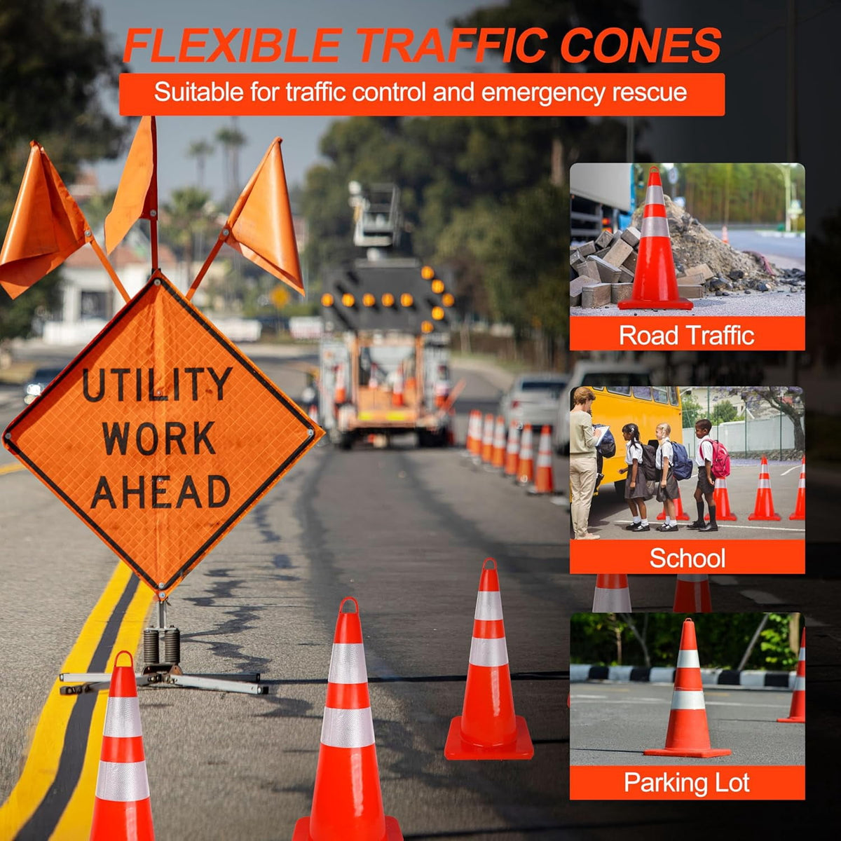 12 Pack Traffic Cones 28 Inch Safety Cones with Reflective Collar, Orange Cones with Weighted Base and Hand-Held Ring Used for Traffic Control, Parking Lot, Driving Training.