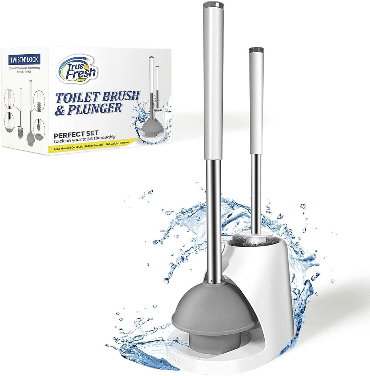 True Fresh 2 in 1 Toilet Brush and Plunger Set Stainless Steel - Toilet Plunger and Toilet Brush and Caddy Holder