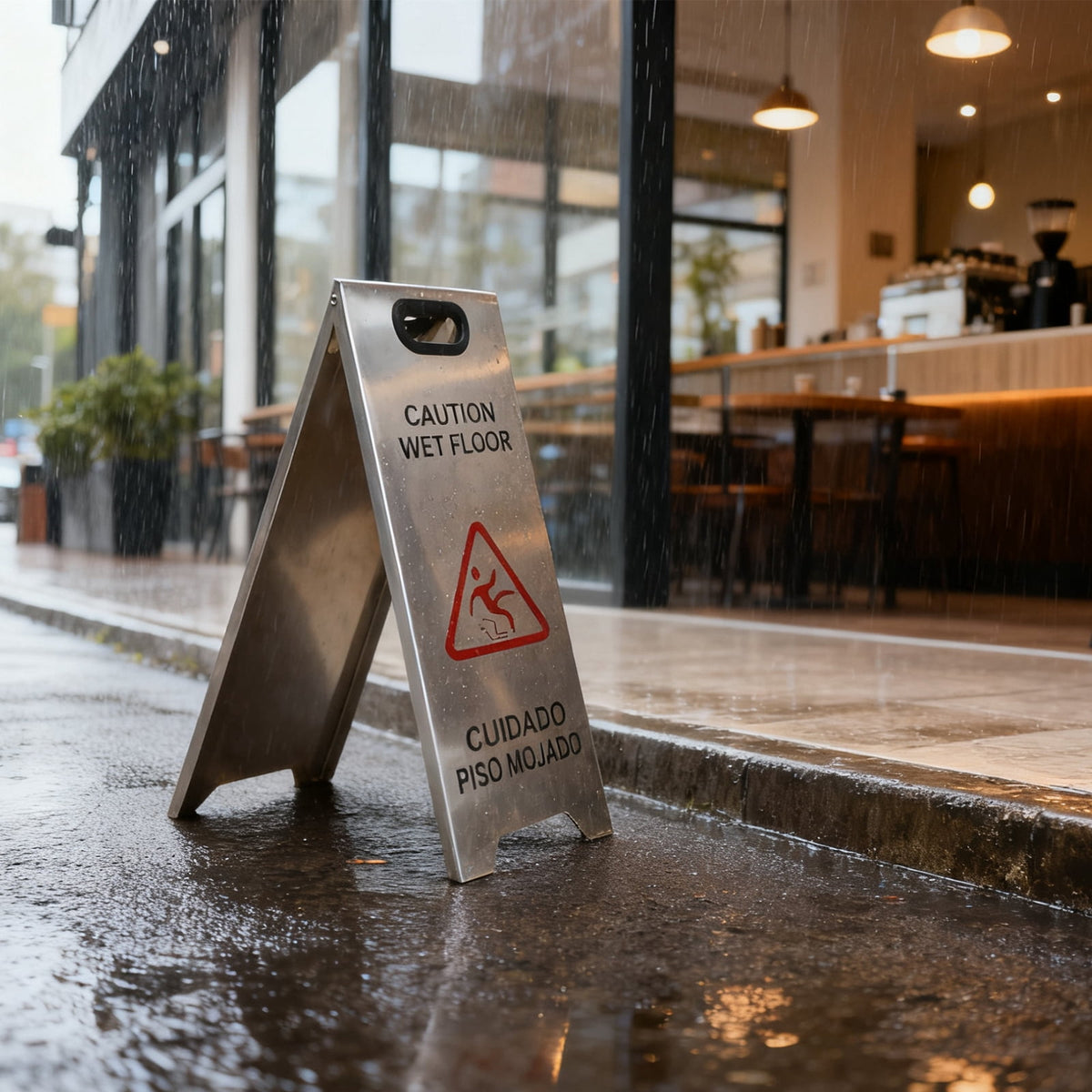 2 Pack Stainless Steel Wet Floor Sign, 24 Inch Caution Wet Floor Sign Portable Foldable Bilingual Safety Warning for Hotel Market Restroom Restaurant Office (Silver)