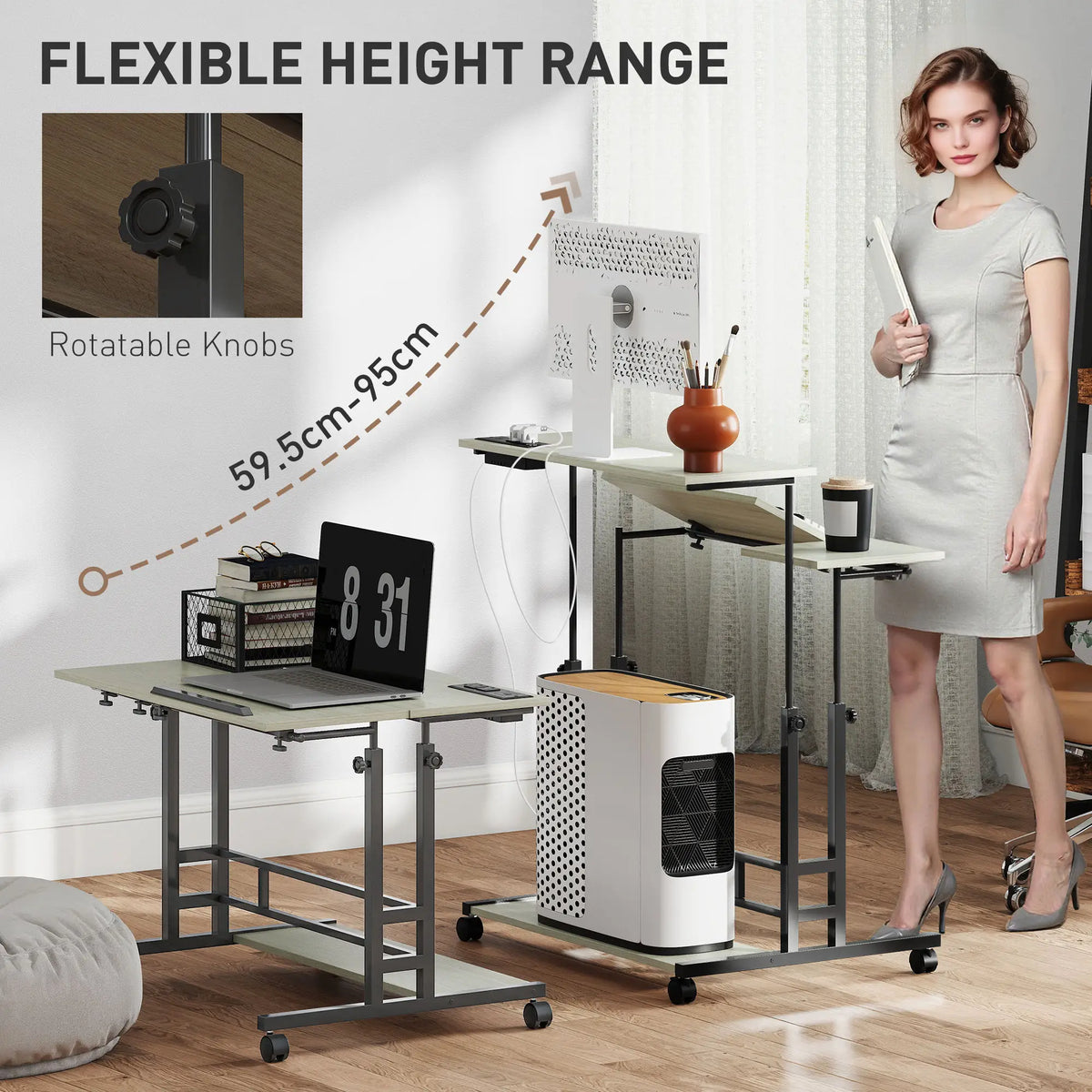 Manual Height Adjustable Standing Desk, Oak Three-Panel Tiltable Desktop Desk with Built-in Charging Station, Lockable Caster Wheels for Home Office Studio Classroom