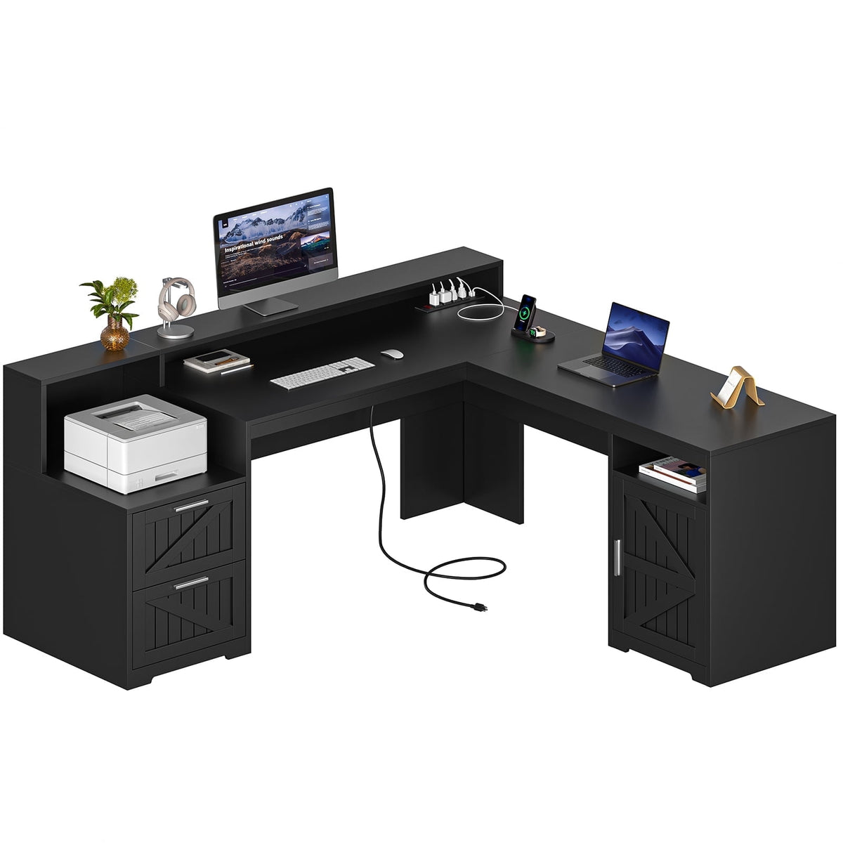 63" Farmhouse L Shaped Executive Desk with Drawers & Storage Shelf, Corner Computer Desk with Power Outlets, L Shaped Office Desk with Monitor Stand, Printer Shelf, White