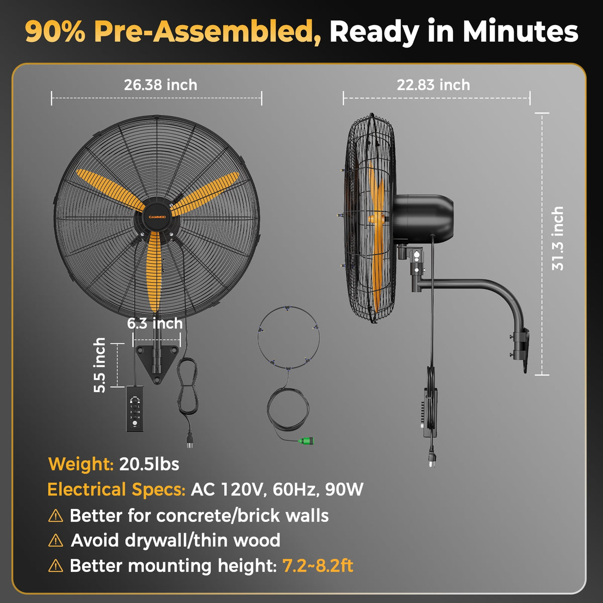 CAMMOO 24" Oscillating Misting Wall Mount Fan with 600D Oxford Cover, 3-Speed IP44 Waterproof High Velocity Industrial Commercial Outdoor Misting Fan for Covered Patio, Greenhouse, Garage