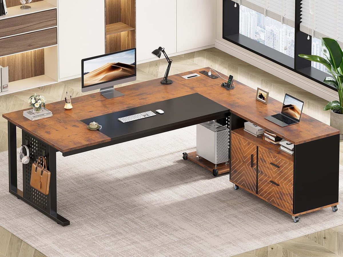 SEDETA 71" Executive Desk with Rolling File Cabinet, Large Office Desk with Drawers, L Shaped Computer Desk with Power Outlets, CPU Stand, Pegboard and Storage Shelves, Walnut