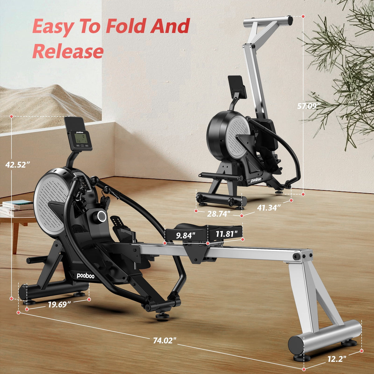 HASIMAN Dual Wind&Magnetic Rowing Machine 450lbs Weight Capacity Foldable Exercise Rower Full Motion Air Rower Machine with Built-In Bluetooth App for Home Cardio Workout