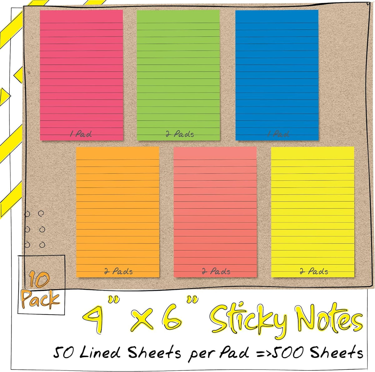 Better Office Products Lined Sticky Notes, 4" x 6", Assorted Colors, 10 Pads
