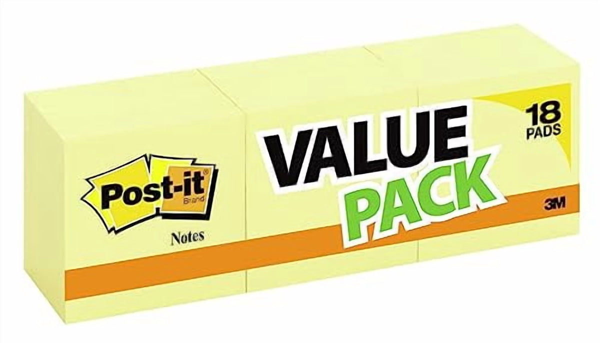 Post it® Notes, 3" x 3", Canary Yellow, Pack Of 18 Pads