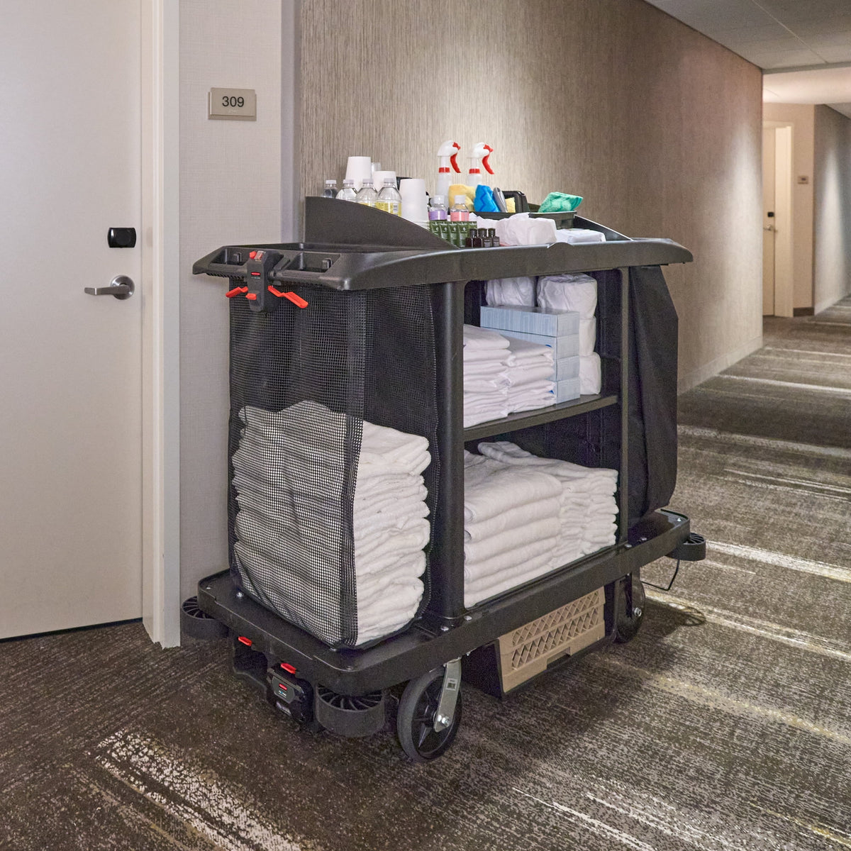 Rubbermaid Commercial Executive Full-Size Housekeeping Cart with Adjustable Shelves and Durable Wheels, Black