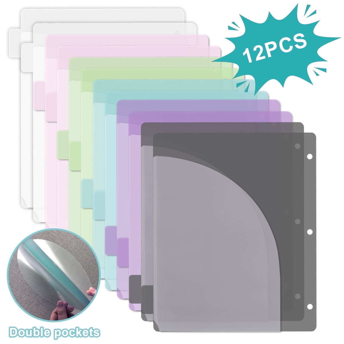 AGCAN 24 Pcs 3 Ring Binder Dividers with Tabs, Plastic File Dividers Binder Index Dividers with One Front Pocket and Tab, Multicolor, AGCAN Letter Size (9.8×11.2 Inch)
