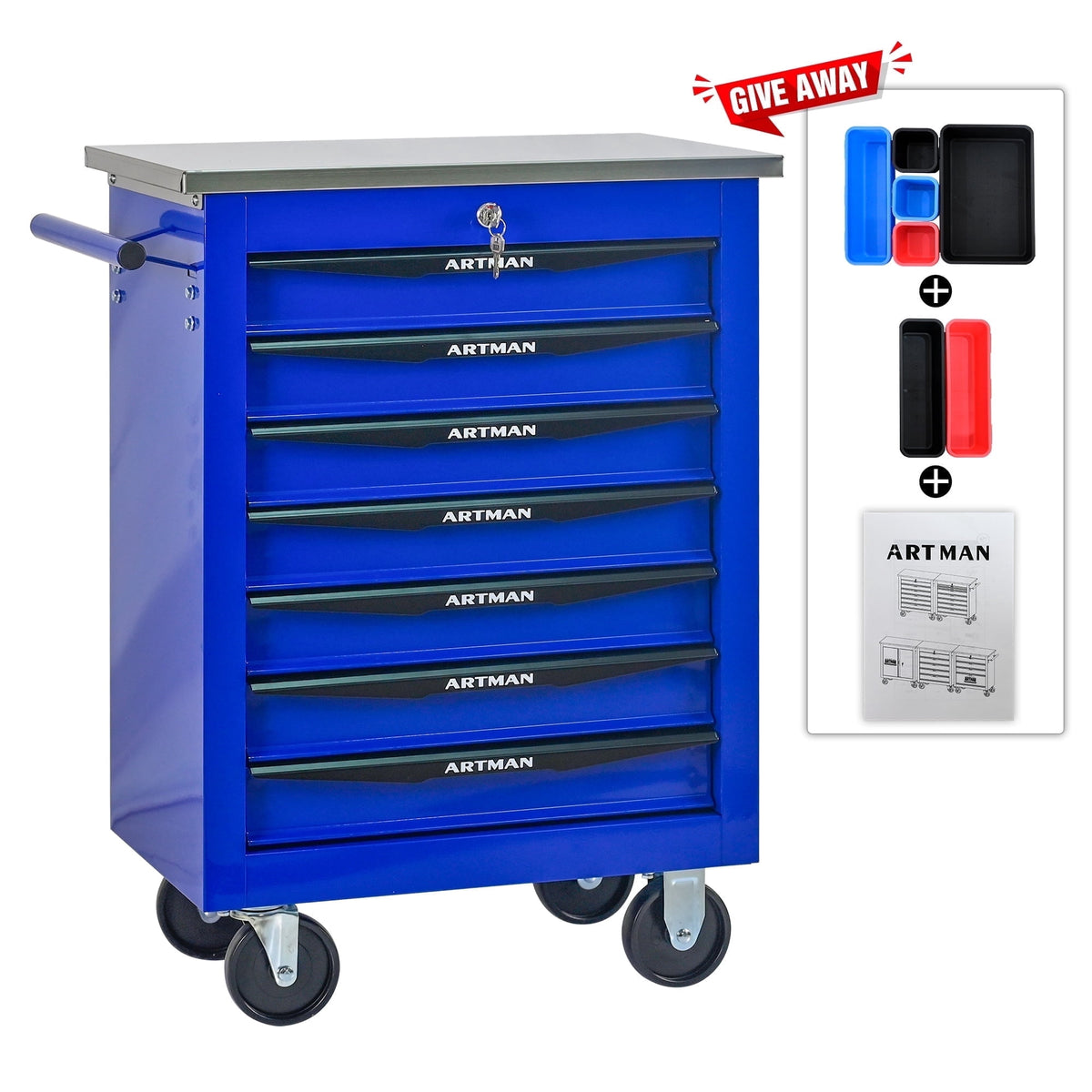 ARTMAN 5 Drawers Steel Storage Rolling Tool Chest Cabinet Cart with Wheels and Stainless Steel Roof