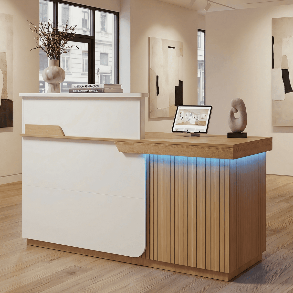 Advwin Modern Reception Desk with LED Light, 63" Fluted Front Desk with Lockable Drawer, Cabinet & Sliding Tray, Large Reception Counter Table for Office Lobby Nail Salon Clinic, White+Light Wood