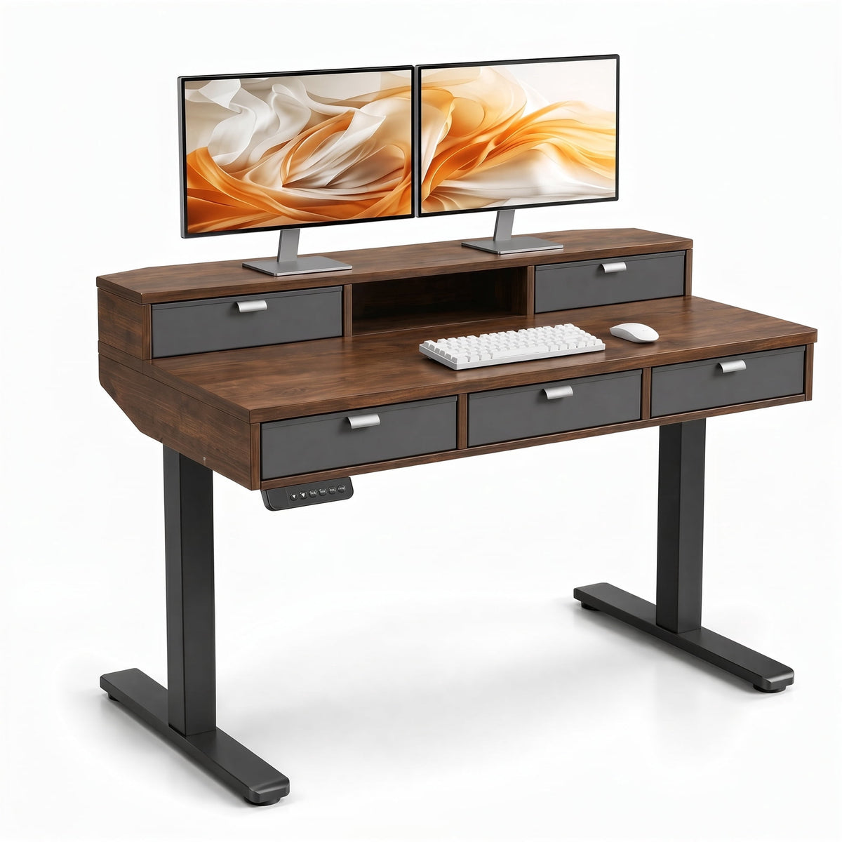 Electric Standing Desk with 5 Drawers, Monitor-Riser Design, 48" x 24" Height Adjustable Sit Stand Desk for Home Office, 4 Preset Pannel, Black