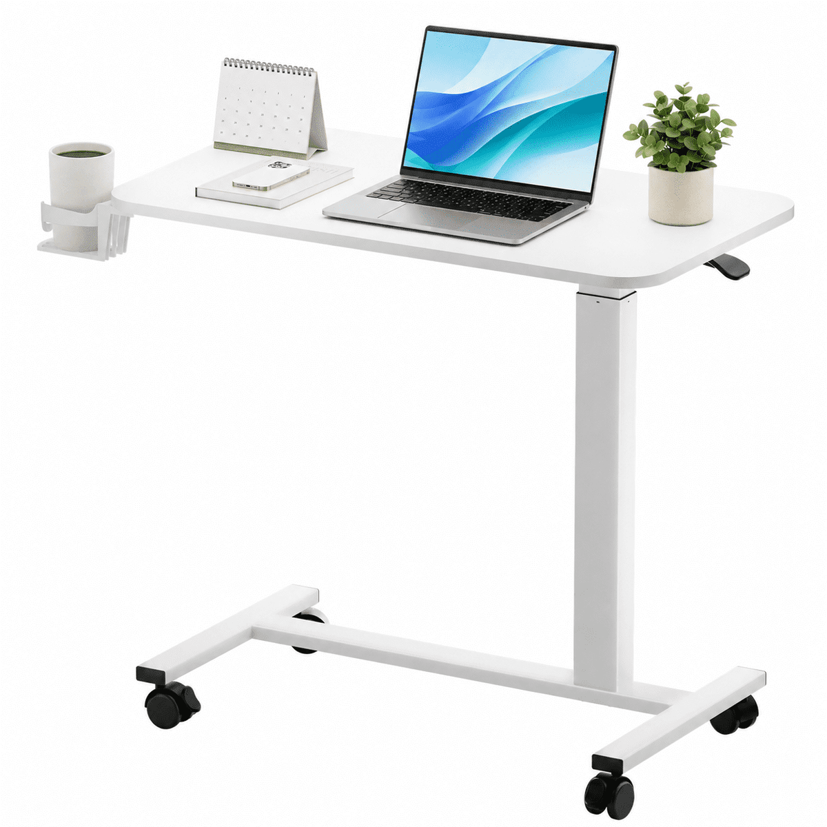 CLOUDREST PRO Mobile Standing Desk with Lockable Wheels, 32 x 18 Inch Pneumatic Adjustable Height Rolling Laptop Table, 28 to 41 Inch Portable Workstation with Cup Holder for Home Office, Black