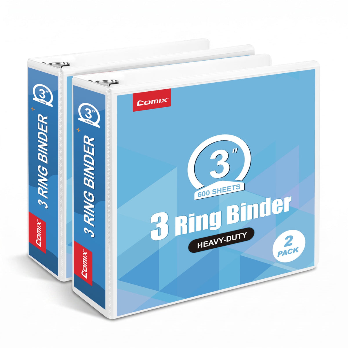 Comix Heavy-duty 3 inch 3 Ring Binder with Clear Cover, Round Ring, 600 Sheets Capacity, Office School Supplies, 2-Pack Black