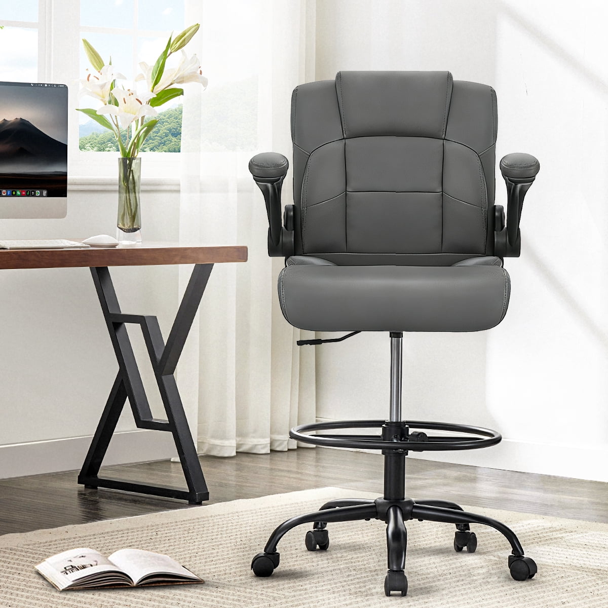 Fantasylab Tall Office Chair for Standing Desk, High Executive Leather Ergonomic Computer Chair with Adjustable Height and Flip-Up Armrest for Counter Height Desk, Black