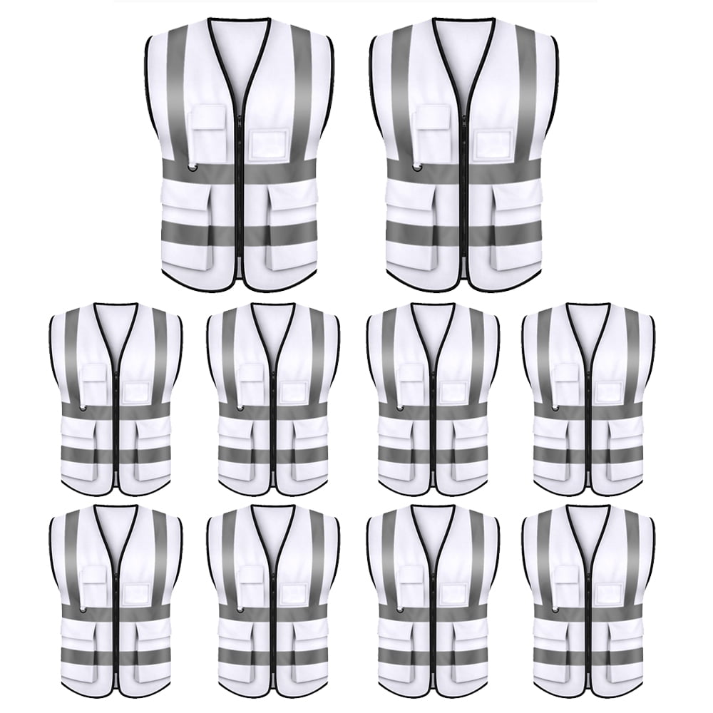 GOGO 5 Pockets High Visibility Zipper Front Safety Vest with Reflective Strips Uniform Vest, Pack of 10-Blue-L