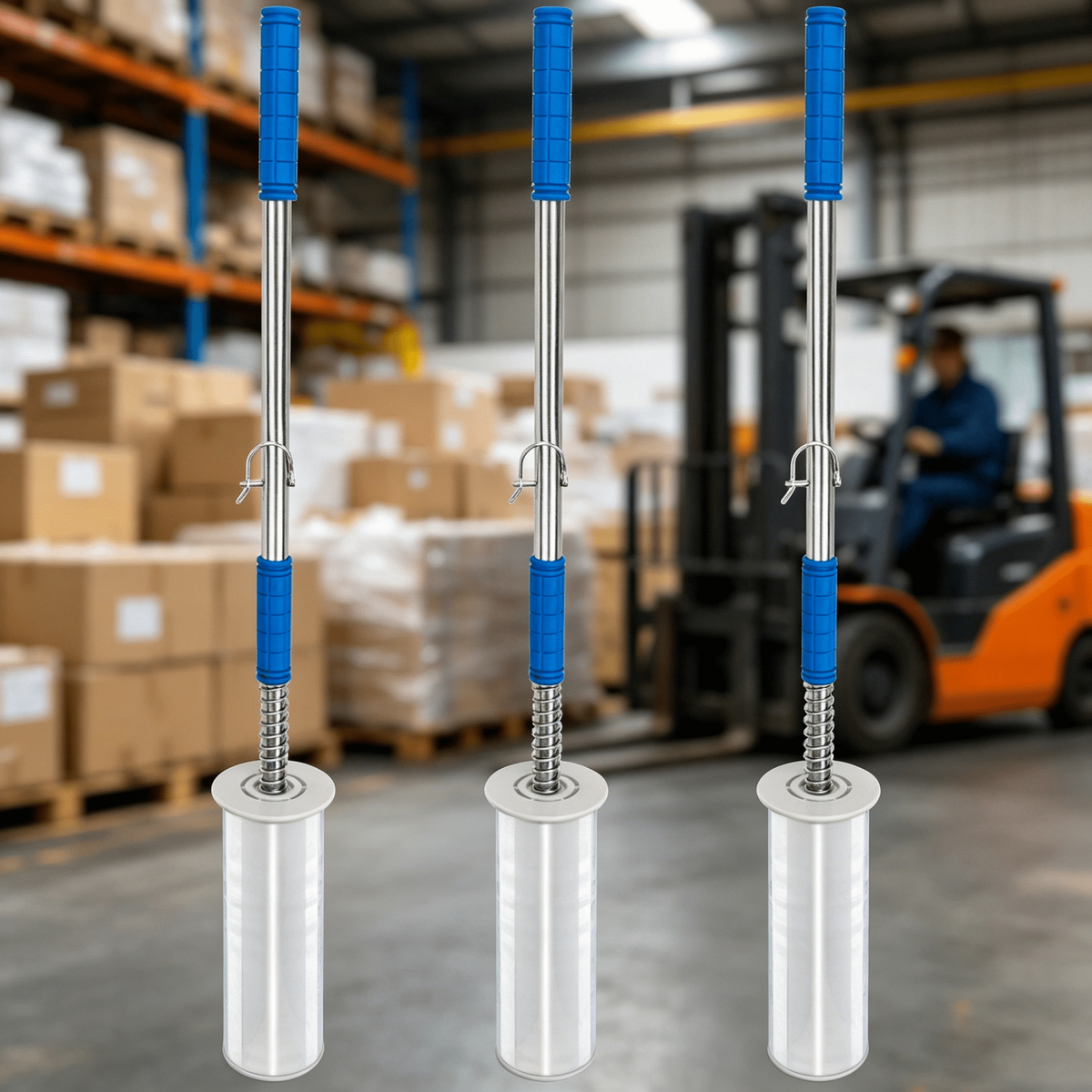 Gamexcel Stretch Wrap Dispenser with 50 in Long Handle, Pallet Wrap Film Holder for 6-20 in Rolls and 2-3 in Cores, No-Bend Stretch Film Pole, Blue