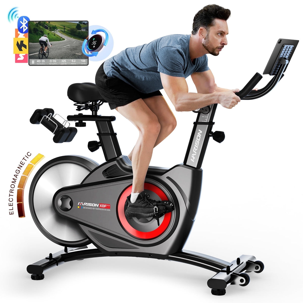 HARISON Semi-Commercial Magnetic Exercise Bike with 400LBS Capacity, Indoor Cycling Bike with Bluetooth, Tablet Holder & Dumbbell Rack for Home Gym