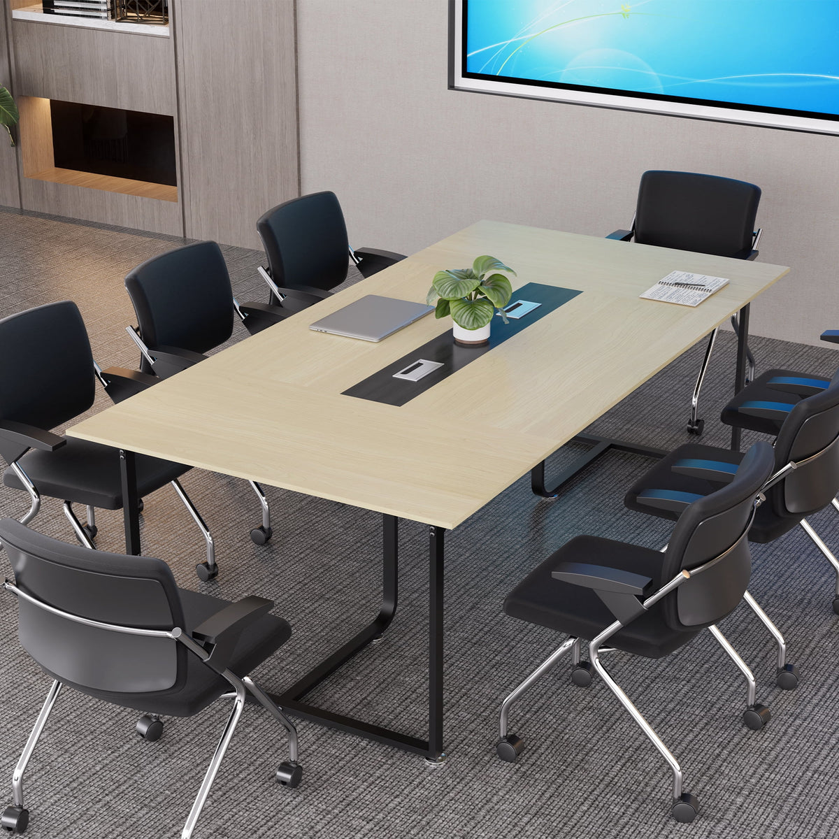 Haooyeah Conference Table 94.4" x 47.2", Large Meeting Desk, Flip-Top Cable Management Box, Double Reinforced Frame, Triangular Support Base, Adjustable Foot Pads, Gray