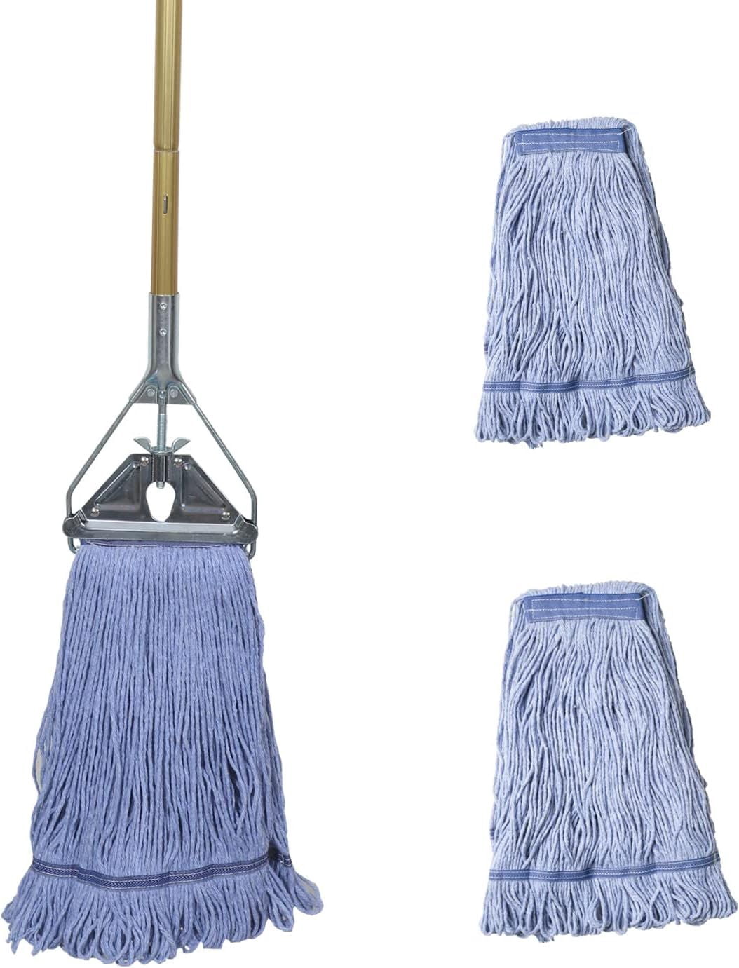 Heavy Duty Commercial Industrial Mop 58-Inch Looped-End String Wet Cotton Mop with Replacement Heads, Durable Floor Cleaning Tool for Janitorial and Home Use