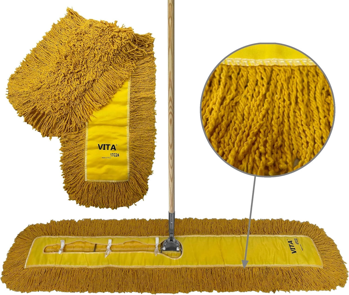 Industrial Dust Mop Kit – Includes 60 Inch Blue Twisted Closed Loop Mop Head, Wood Handle, and Heavy-Duty Wire Frame – Commercial Grade for Janitorial & Facility Cleaning
