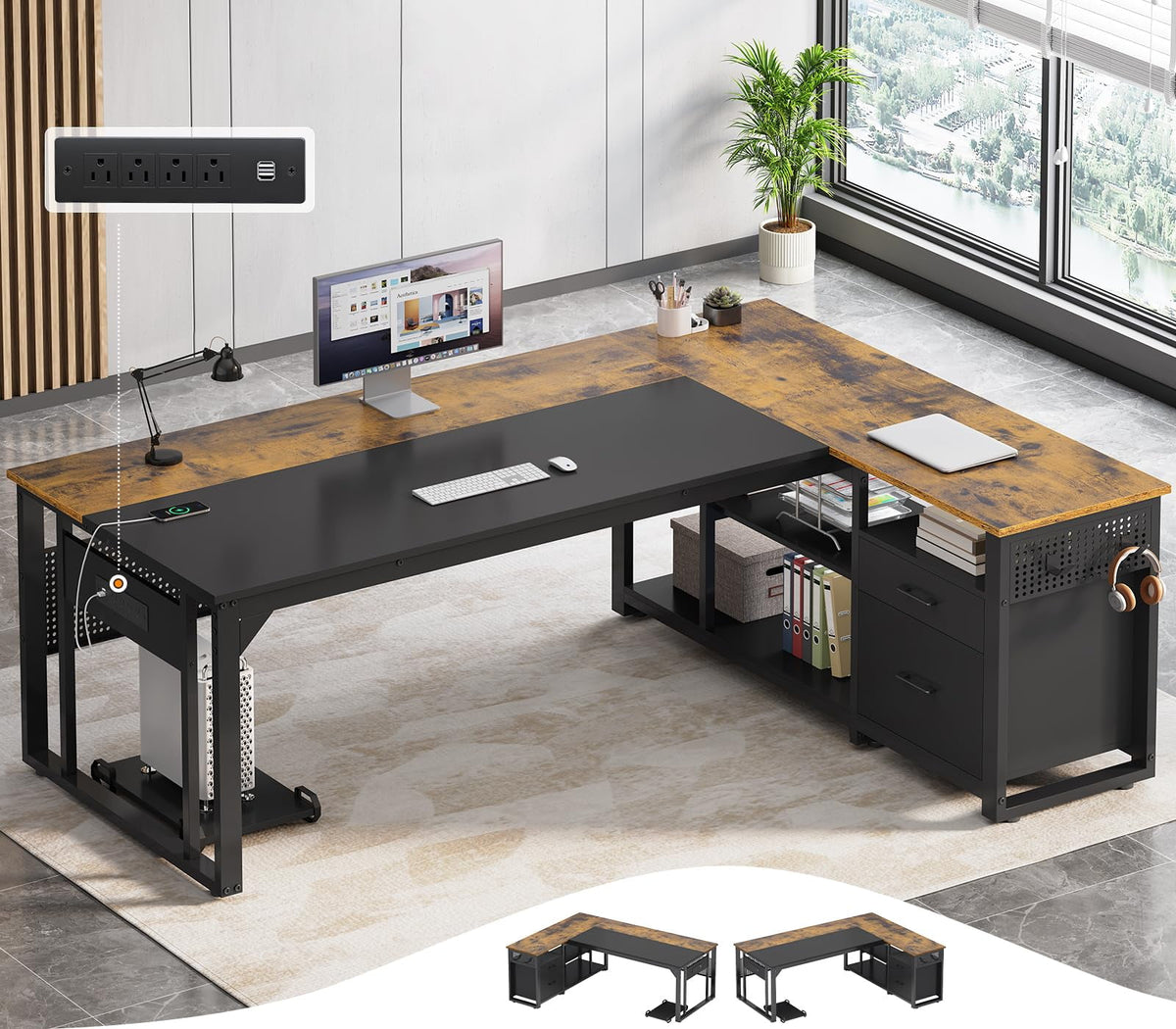71" Executive Desk with Power Outlets, Modern L Shaped Office Desk with File Drawers and Pegboard, Large Computer Desk, Gray