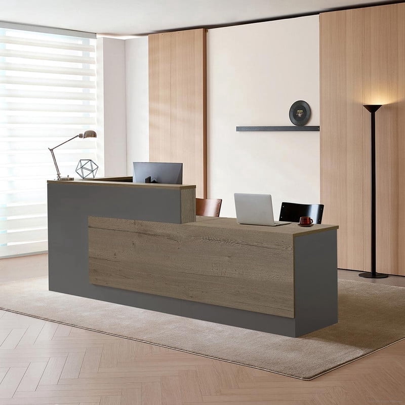 L-Shaped Reception Desk with Lockable Drawers and Storage Shelves, Multi-Functional Computer Desk for Office (Left Hand L-Shaped; Walnut & Iron Gray; 87"Lx 24"W x 41"H)