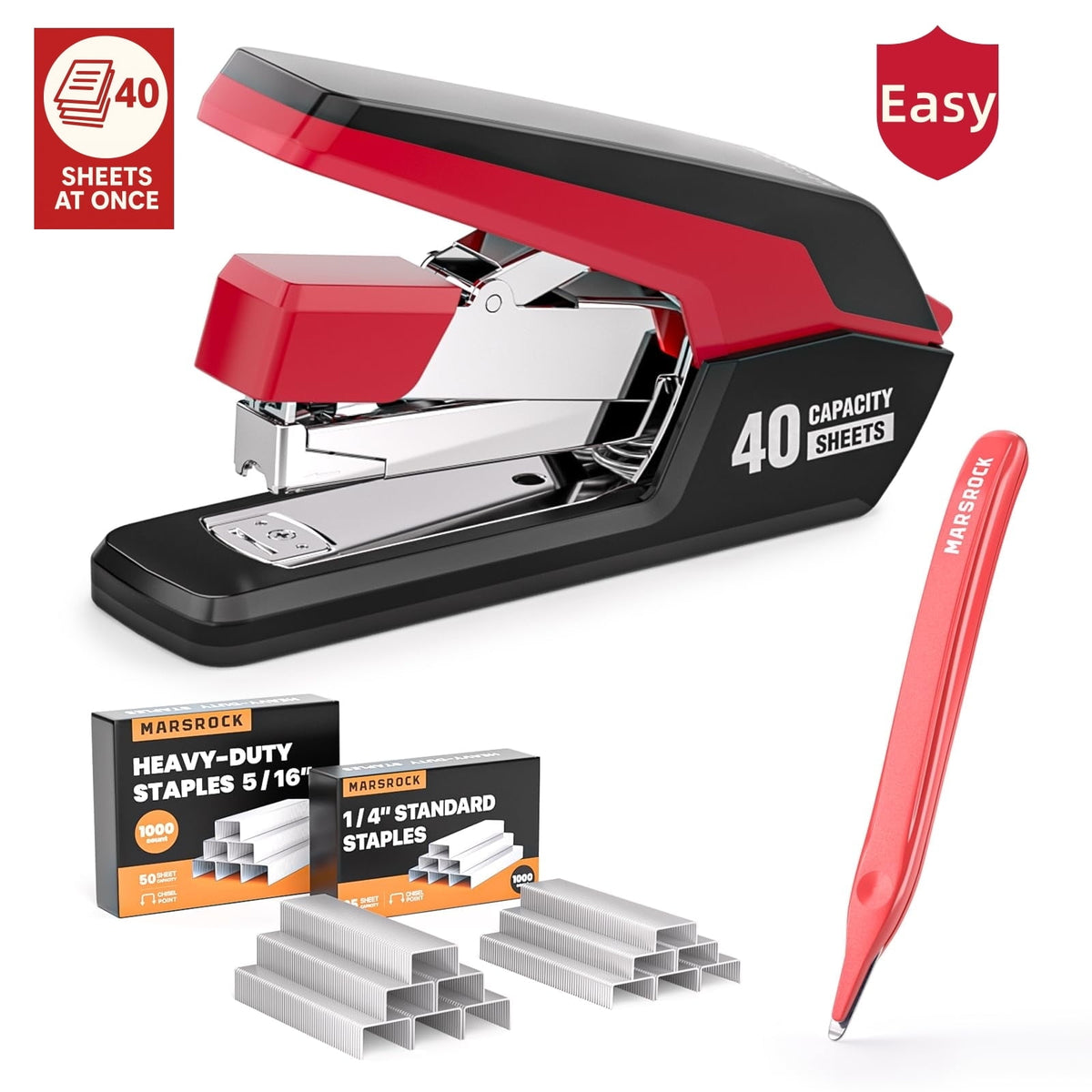 Marsrock Effortless Stapler for Desk,40-50 Sheet Capacity, 2000 Staples, 1-Touch Stapling,Heavy Duty and Magnetic Staple Remover, Purpler