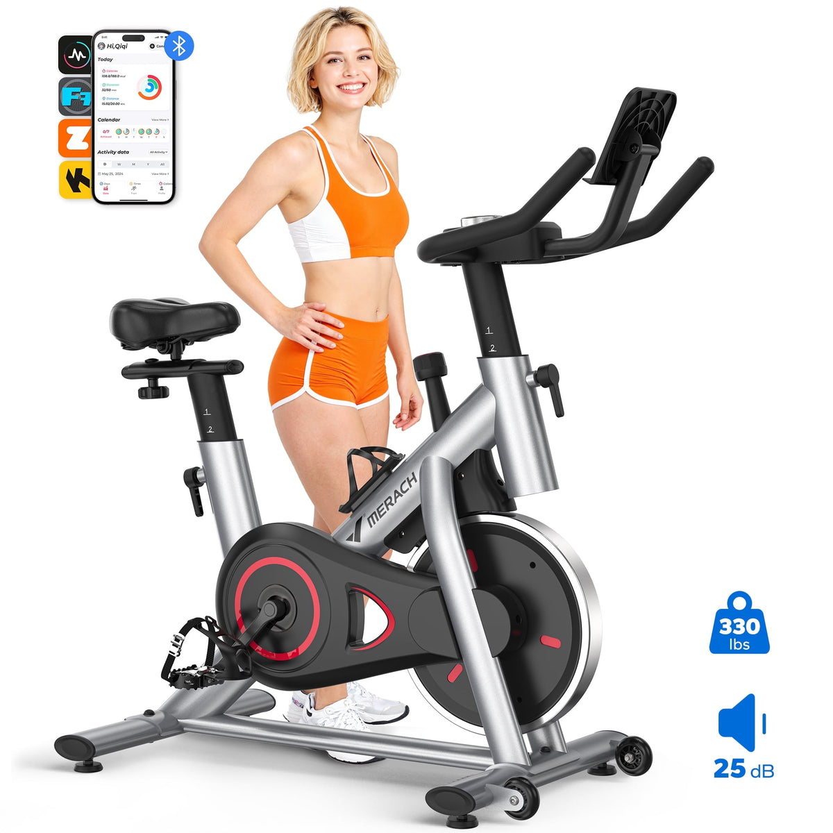 MERACH Stationary Exercise bike with Exclusive Free APP, Indoor Cycling Bicycle with 330lbs Weight Capacity, Silent Belt Drive and Comfortable Seat Cushion for Home Cardio Workout 35 Lbs Flywheel