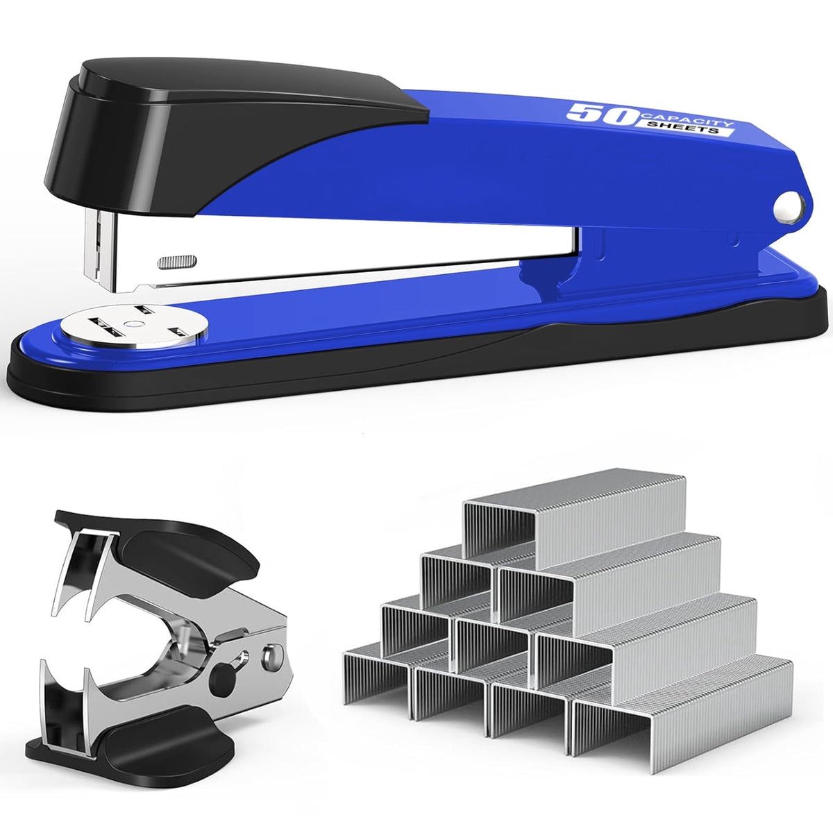 BAODELI Heavy Duty Metal Stapler, 50-Sheet Capacity, Includes Staples & Remover, Black, Full Strip for Office Desk