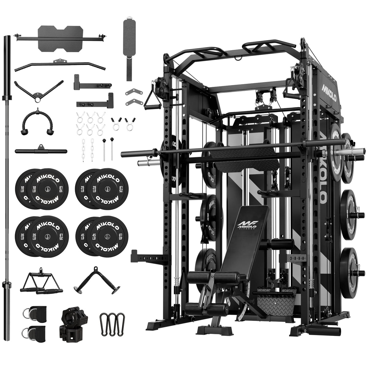 Mikolo Horus Smith Machine & Functional Trainer, 2200LBS Squat Rack with Cable Crossover, 2×2"Uprights (33 Holes), Dual 128LBS Weight Stack, Dual High/Low Cables