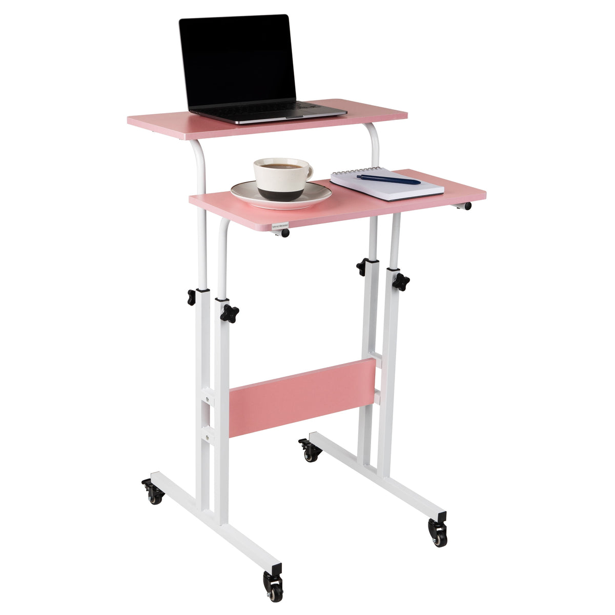 Mind Reader Standing Desk, Adjustable Height Laptop Workstation, Portable Rolling Desk on Wheels, Two-Tier Metal Frame, White