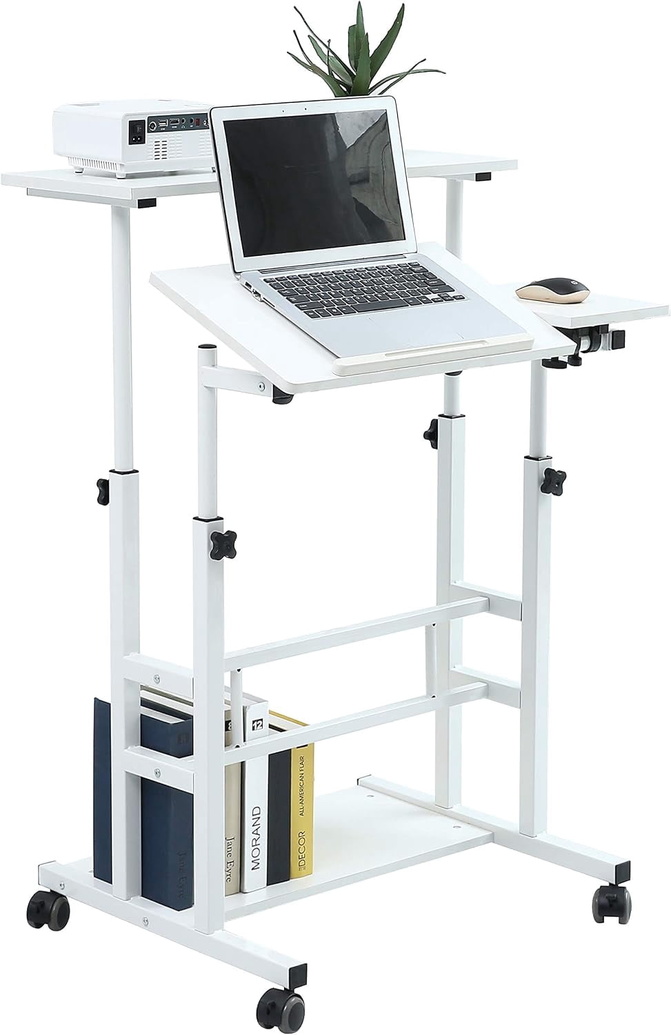 NurtureTail Height Adjustable Mobile Workstation with Wheels, Keyboard Tray & Storage Shelf, Rolling Laptop Desk for Home Office, Study & Small Spaces,White Frame/Ancient Oak Top