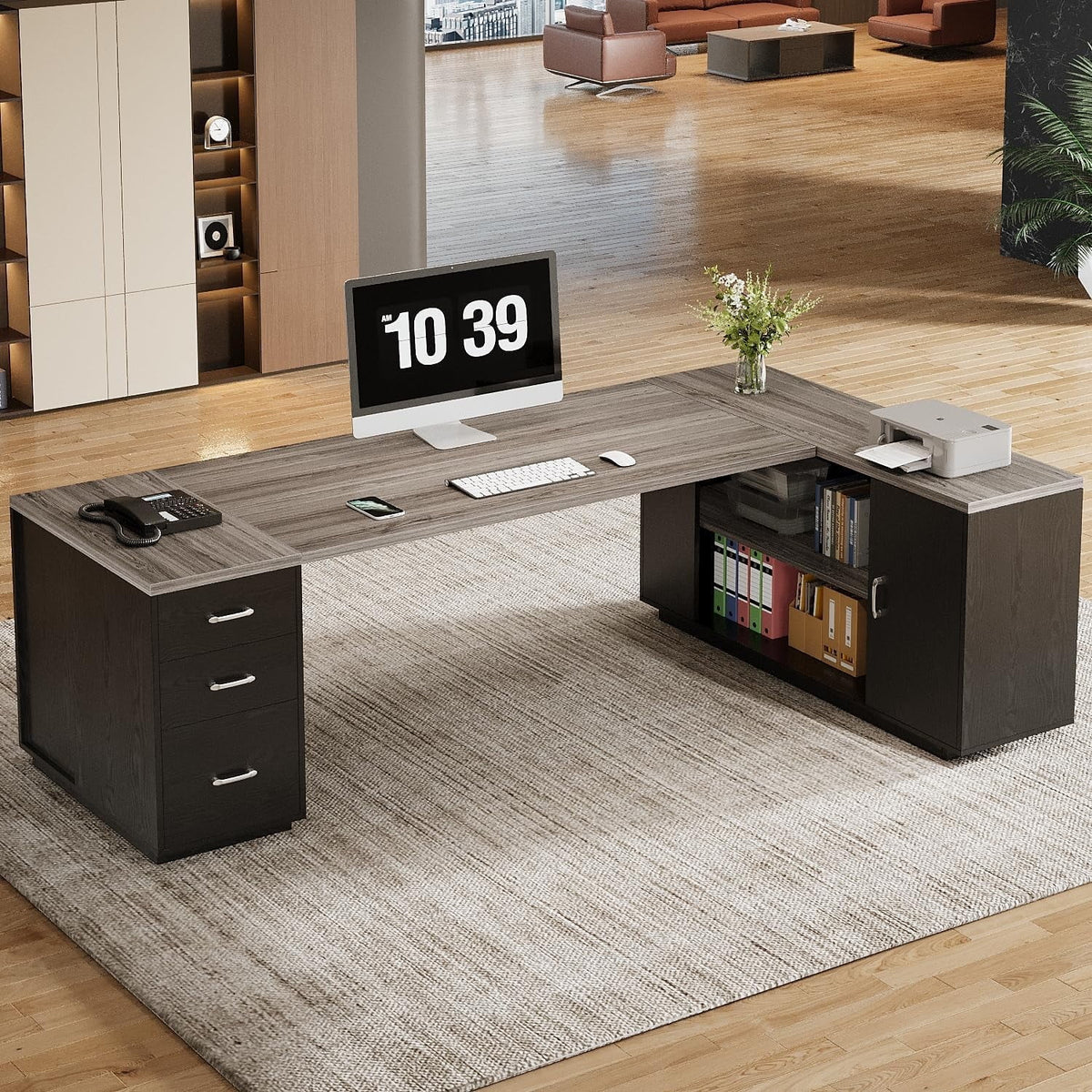 Tribesigns 85.8" L-Shaped Executive Desk, Extra Large Office Desk with File Drawers, Modern Business Furniture with Door Cabinet, Shelves for Home Office, Brown & Black