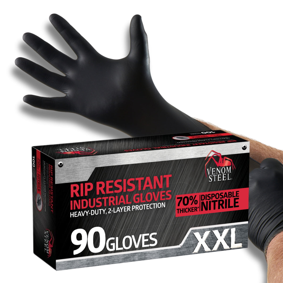 Venom Steel Premium Industrial Black Nitrile Gloves, One Size Fits Most, 100 Count