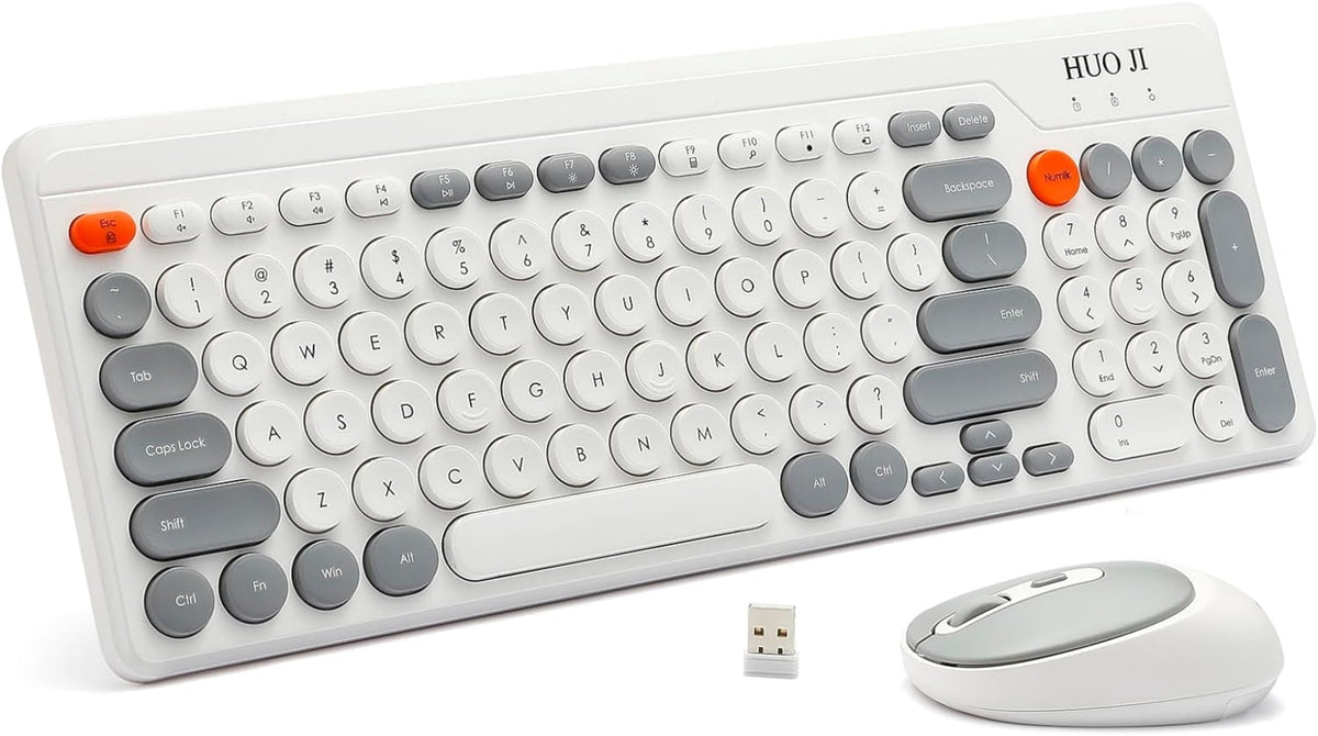 HUO JI Wireless Keyboard and Mouse Combos,USB 2.4GHz Receiver Plug and Play, Mixed Color Round Keycaps Retro Office Keyboards, for Windows, Mac, PC, Laptop, Desktop.(Black Grey)