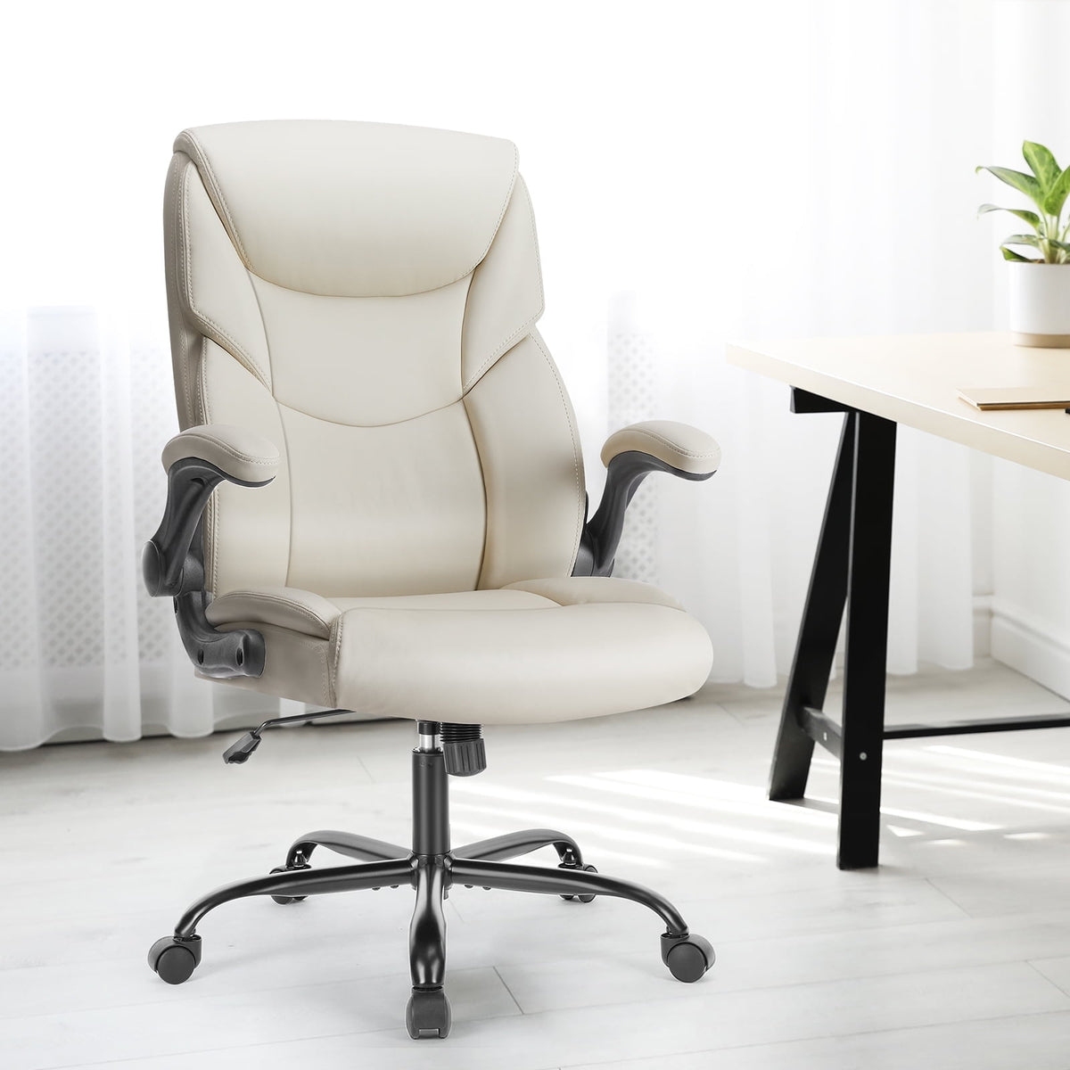 edx Computer Gaming Chair, Ergonomic High Back Heavy Duty Task Desk Office Chairs with Wheels, Flip-up Arms, Adjustable Height, PU Leather, Brown