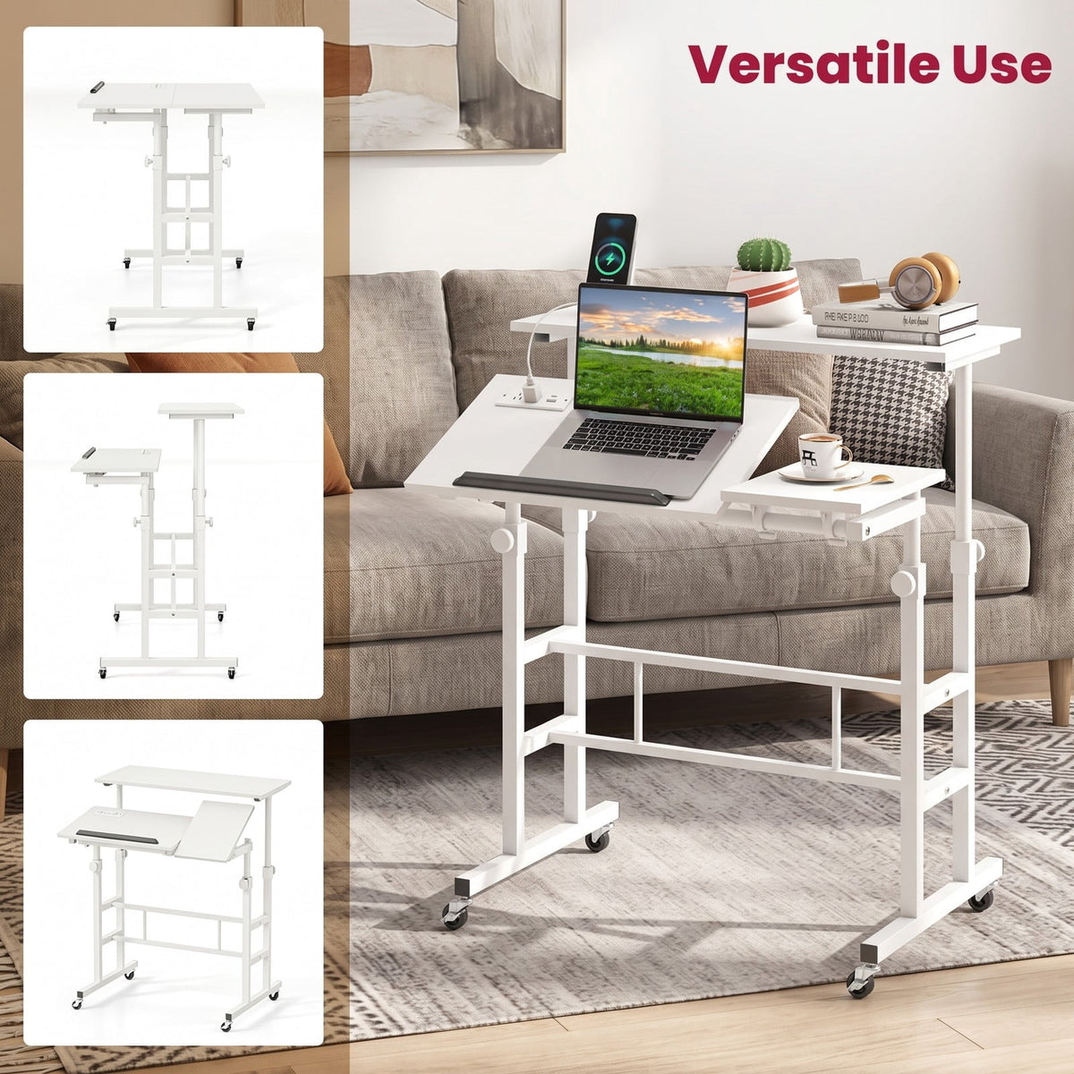 Furnibear Mobile Standing Desk Height Adjustable Computer Workstation with 2 Tilting Desktops, Rolling Sit Stand Desk with Charging Station, USB & Type-C Ports, White