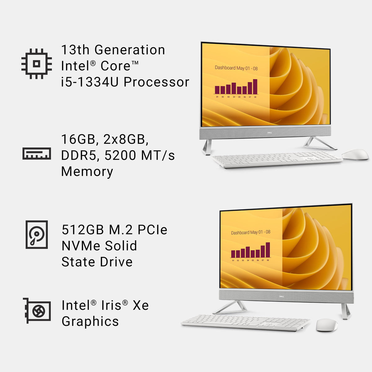 Dell 27 All-in-One Desktop EC27250 27" FHD Display Intel Core i5-1334U 16GB RAM 512GB NVMe SSD White