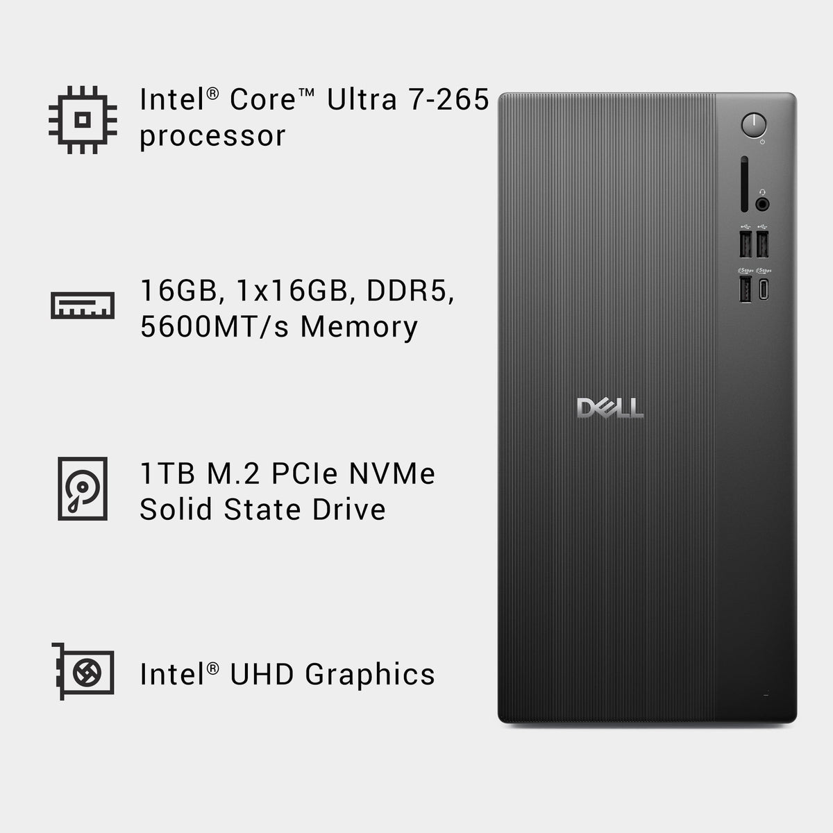 Dell Tower Desktop, Intel® Core™ Ultra 7, 16 GB, DDR5, 1 TB, Black, Windows 11 Home