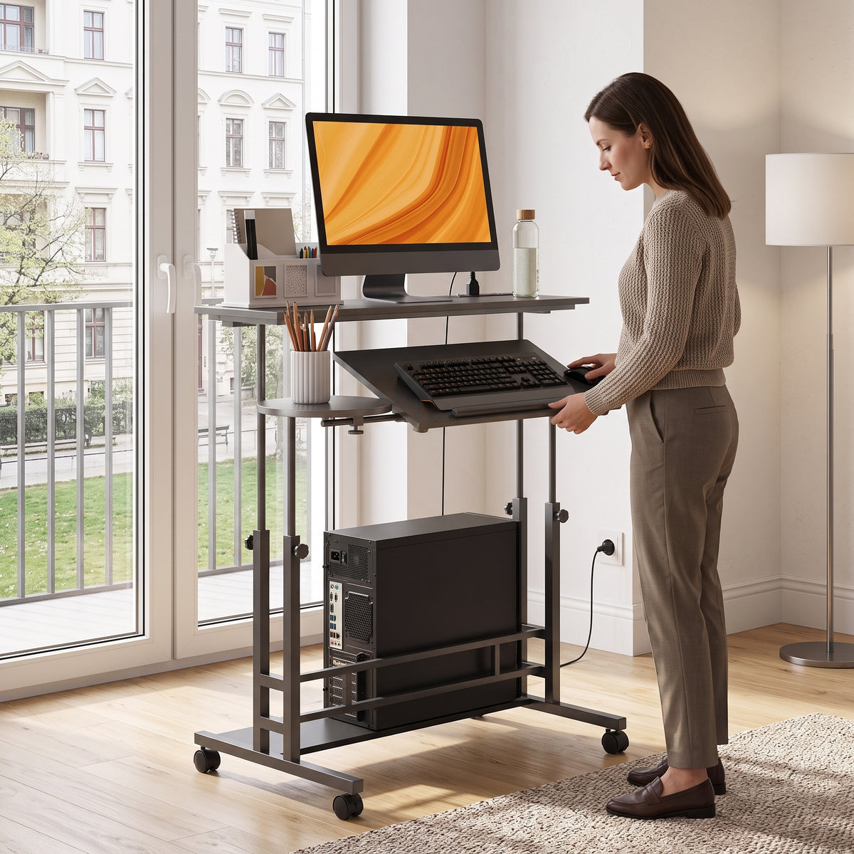 Manual Height Adjustable Standing Desk, Three-Panel Tiltable Desktop Desk with Built-in Charging Station, Lockable Caster Wheels for Home Office Studio Classroom