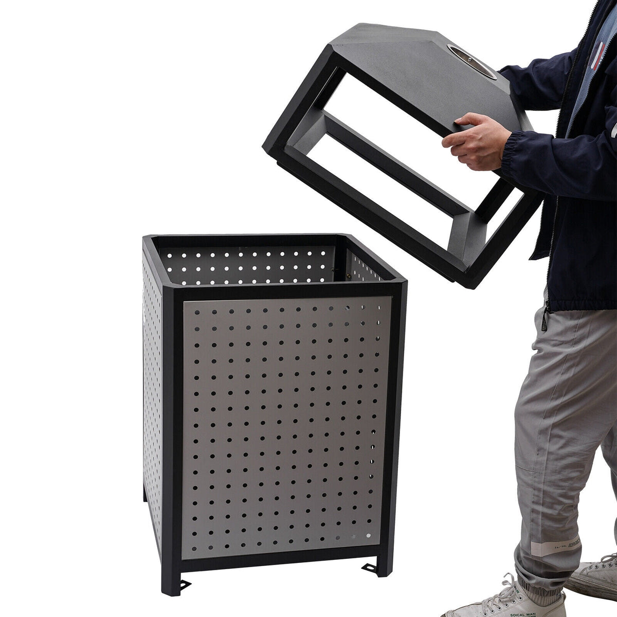 38-Gallon Outdoor Trash Can with Build-in Ashtray Industrial Waste Trash Can Waste Container Stainless Steel Industrial Durable Trash Can