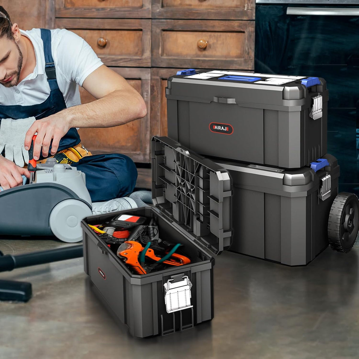 3 IN 1 Rolling Tool Box With Wheels,Stackable Modular Tool Storage Organizer & Removable Small Parts Trays for Garage Workshop Home Storage (17"+19"+21")