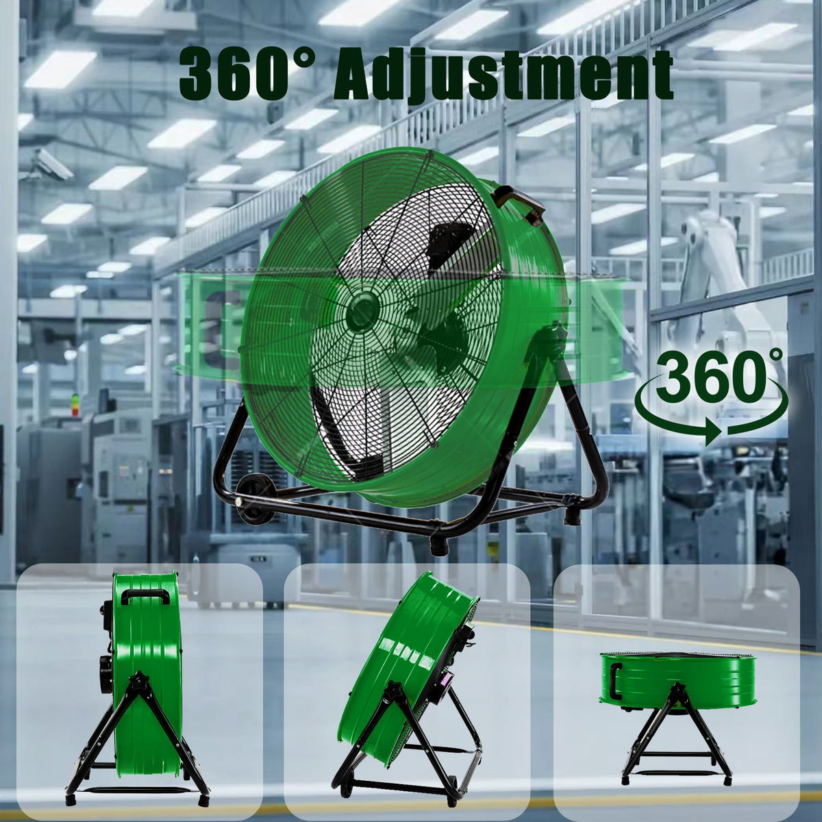 Industrial Fan 24" up to 8800 CFM, High Velocity Fan with 3 Speeds, Heavy Duty Blower Equipped Waterproof Cover, 360° Adjustment, Green
