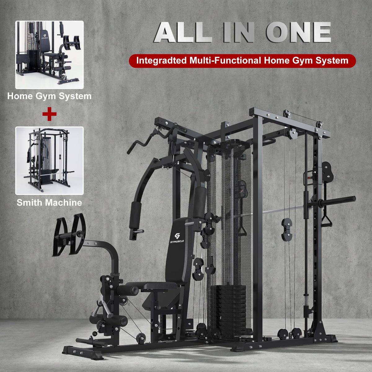gymusclo Multifunction Home Gym Equipment Workout Station, Smith Machine with 150LBS Weight Stack, Cable Crossover, Leg Press, LAT Station, Heavy Duty Functional Trainer for Full Body Training